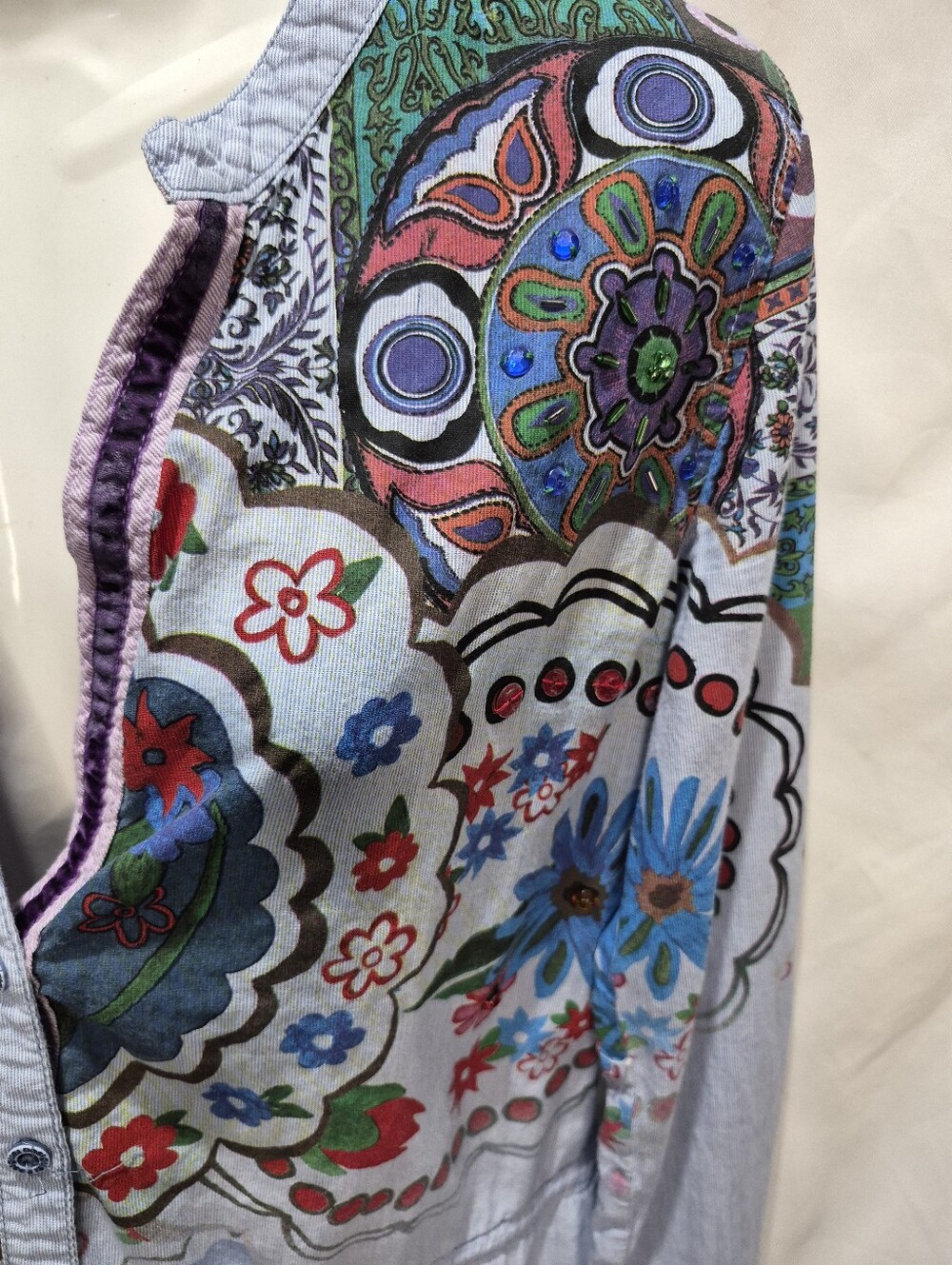 Desigual Patchwork Floral Embellished Tunic Blouse Blue Size L - Picture 3 of 9